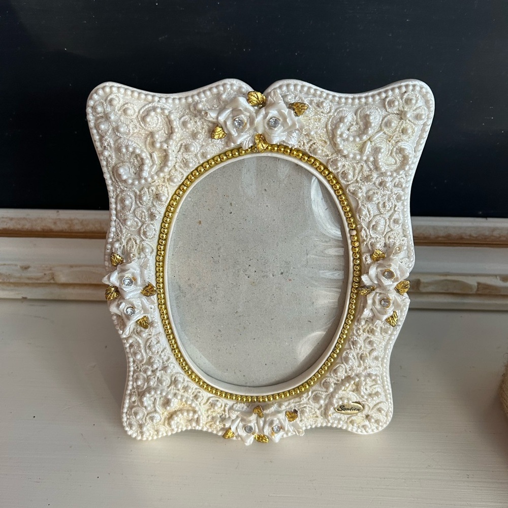 Vintage Santini White and Gold Beaded Floral Picture Frame